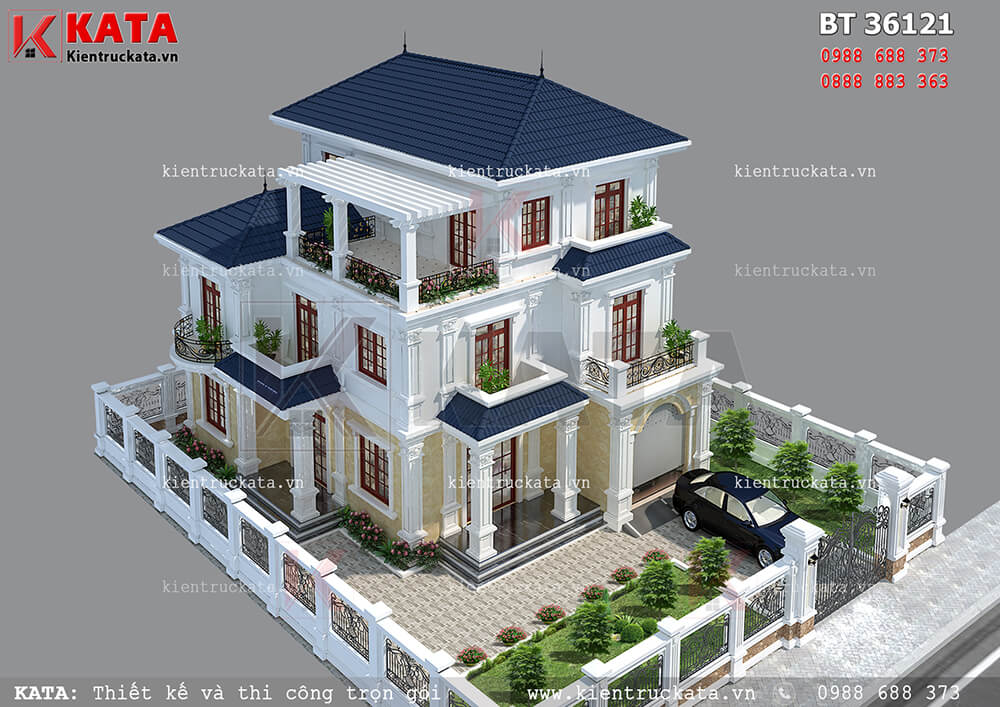 Phối cảnh 3D của mẫu thiết kế biệt thự 3 tầng mái thái BT 36121