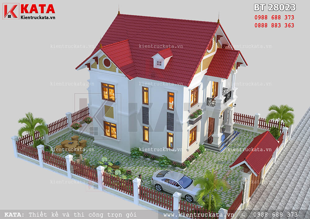 Phối cảnh của mẫu thiết kế biệt thự mái Thái 2 tầng tại Vĩnh Phúc đẹp hoàn hảo nhờ hệ thống tiểu cảnh sân vườn
