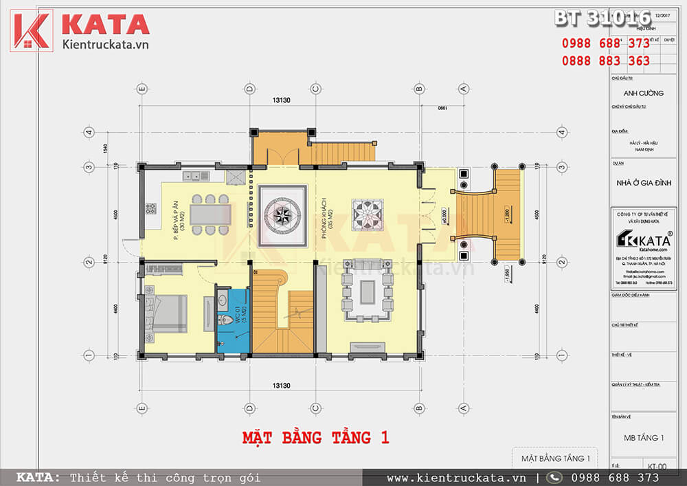 Mặt bằng công năng tầng 1 của mẫu thiết kế nhà 3 tầng tại Nam Định