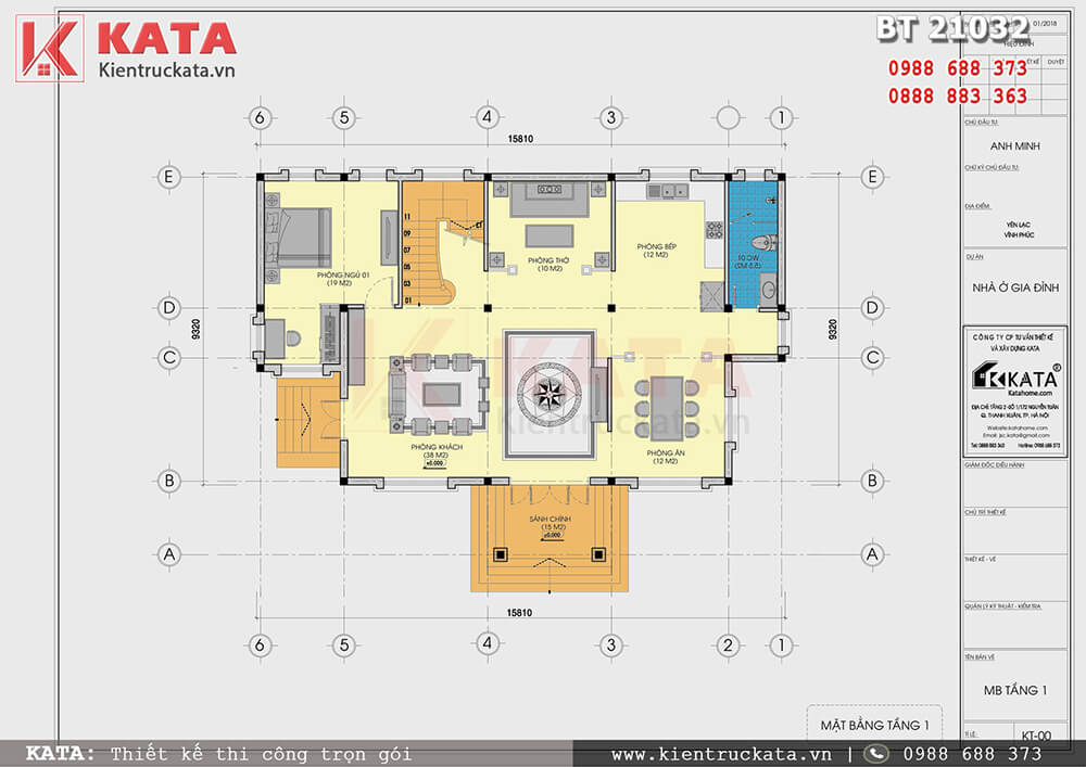 Mặt bằng công năng tầng 1 của mẫu thiết kế biệt thự 2 tầng đẹp tại Vĩnh Phúc