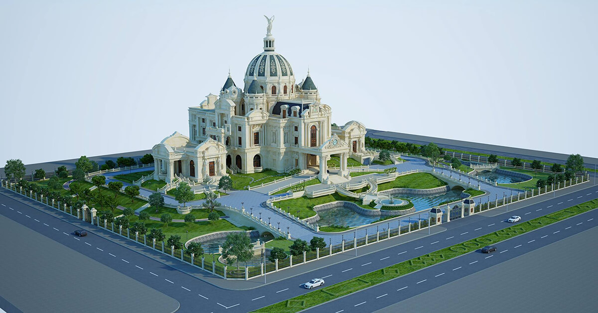 Tòan bộ không gian sân vườn đầy cuốn hút của tòa cung điện lâu đài tại Ninh Bình