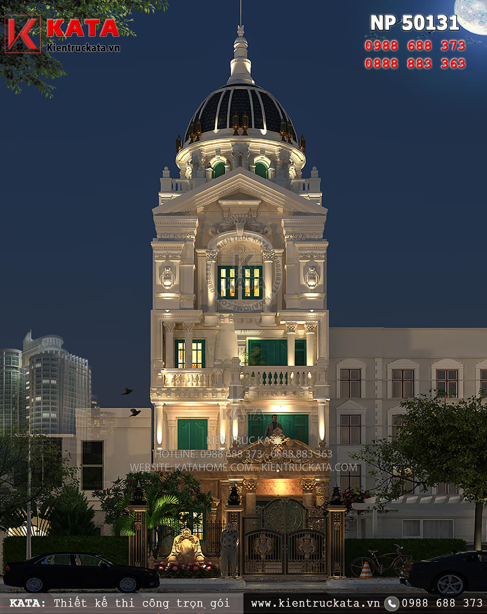 Biệt thự lâu đài phố 5 tầng kiến trúc tân cổ điển tại Hà Nội về đêm