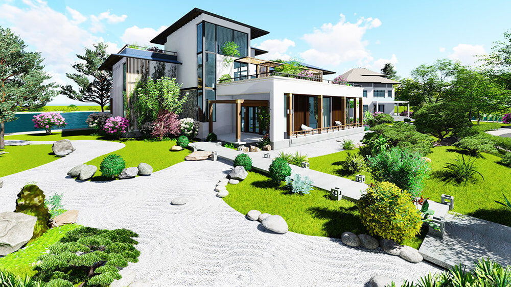 Mẫu thiết kế nhà villa 2 tầng tại Hà Nội với sân vườn rộng lớn và thoáng mát