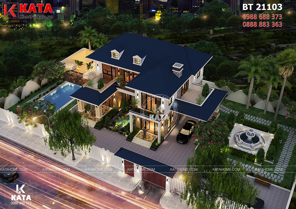 Mẫu thiết kế nhà 2 tầng đẹp mái thái đơn giản tại Thái Nguyên nhìn từ trên cao