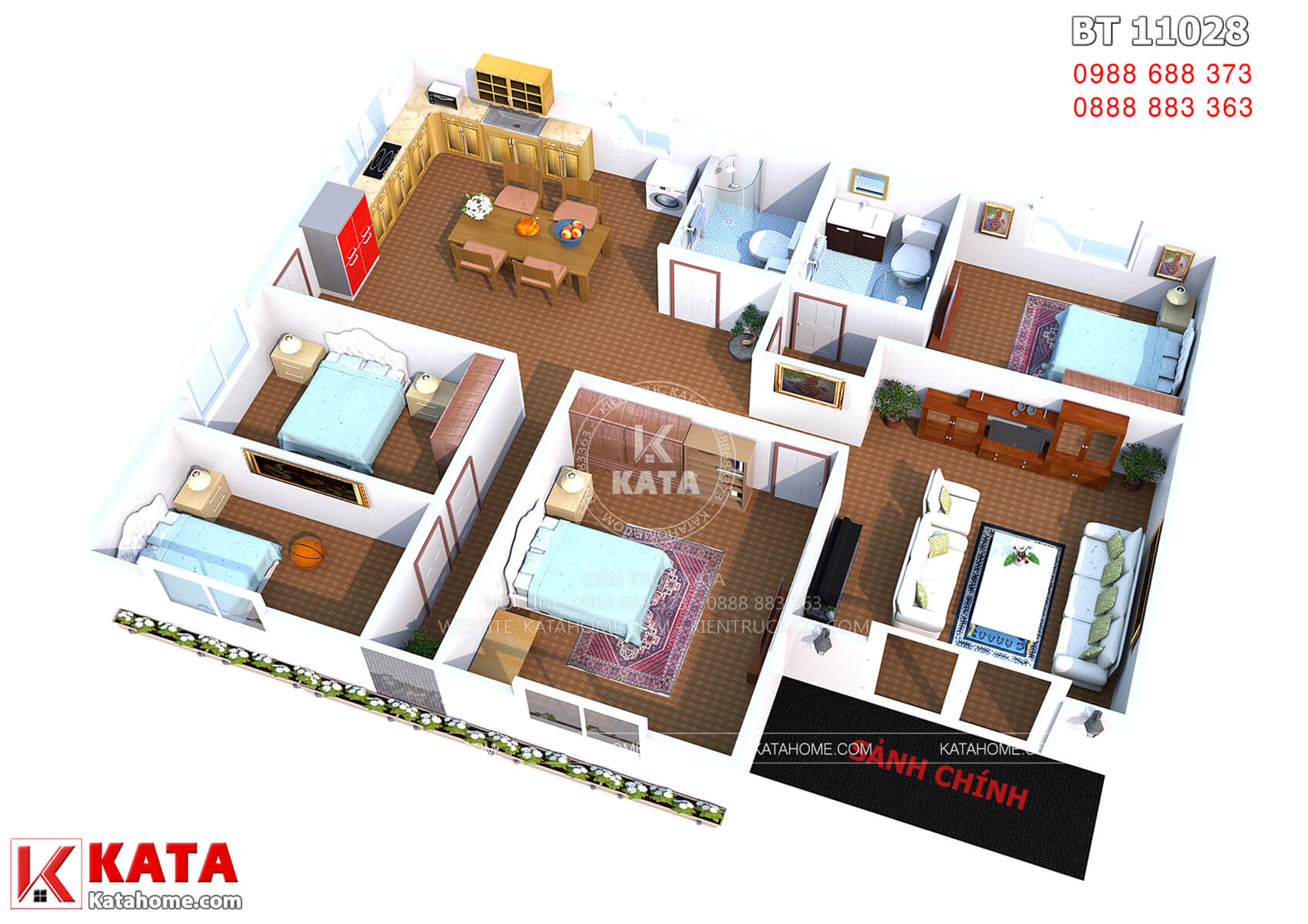 Mặt bằng bố trí đồ nội thất mẫu nhà cấp 4 đẹp 4 phòng ngủ tại Thanh Hóa - Mã số: BT 11028
