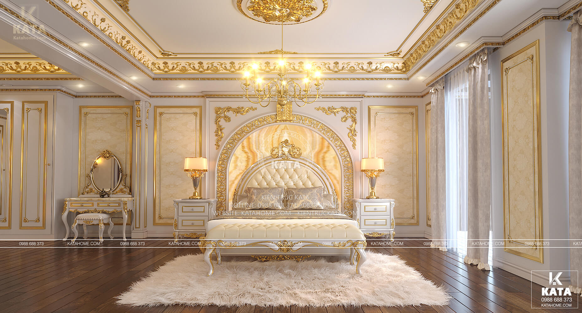 Thiết kế nội thất tân cổ điển nổi bật với sắ trắng và vàng làm chủ đạo