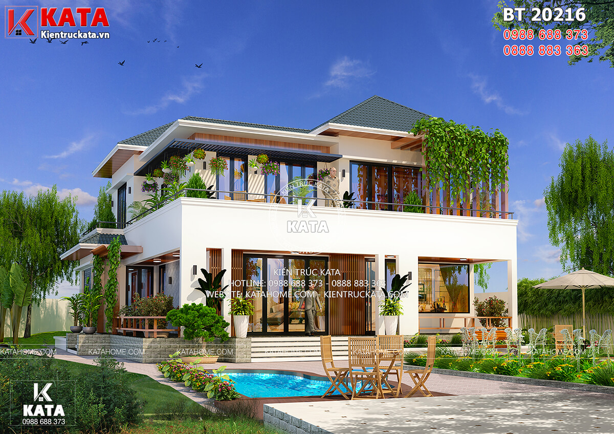Thiết kế nhà vườn 2 tầng đẹp mái Thái tại Thái Nguyên - Mã số: BT 20216