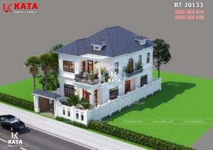 Toàn cảnh phối cảnh 3D bản vẽ thiết kế nhà đẹp 2 tầng mặt tiền 10m tại Nghệ An - Mã Số: BT20133