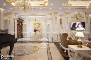 Hình ảnh: Phòng khách tân cổ điển nền trắng kết hợp màu vàng gold bắt mắt