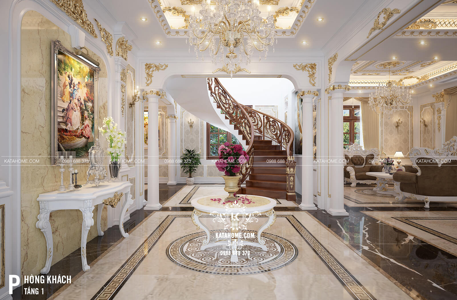 Nội thất phòng khách mẫu biệt thự tân cổ điển đẹp 2 trệt 1 lầu tại Thành phố Hồ Chí Minh