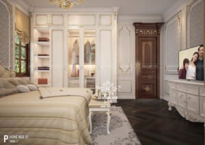 Hình ảnh: Phòng ngủ tân cổ điện với nội thất hiện đại tông chủ đạo vàng gold và trắng tinh tế