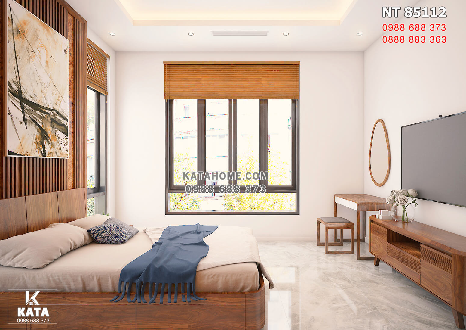 Hình ảnh: Không gian phòng ngủ 1 với các món đồ nội thất gỗ óc chó cao cấp
