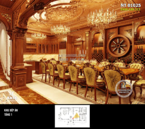 Góc không gian bếp ăn với thiết kế nội thất gỗ đỏ phong cách tân cổ điển