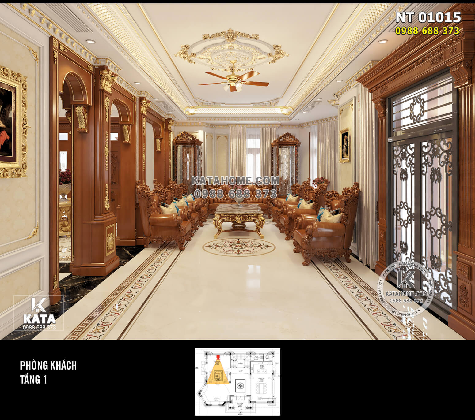 Thiết kế nội thất tân cổ điển đẹp gỗ gõ đỏ sang trọng, đẳng cấp: KATA - NT 01015
