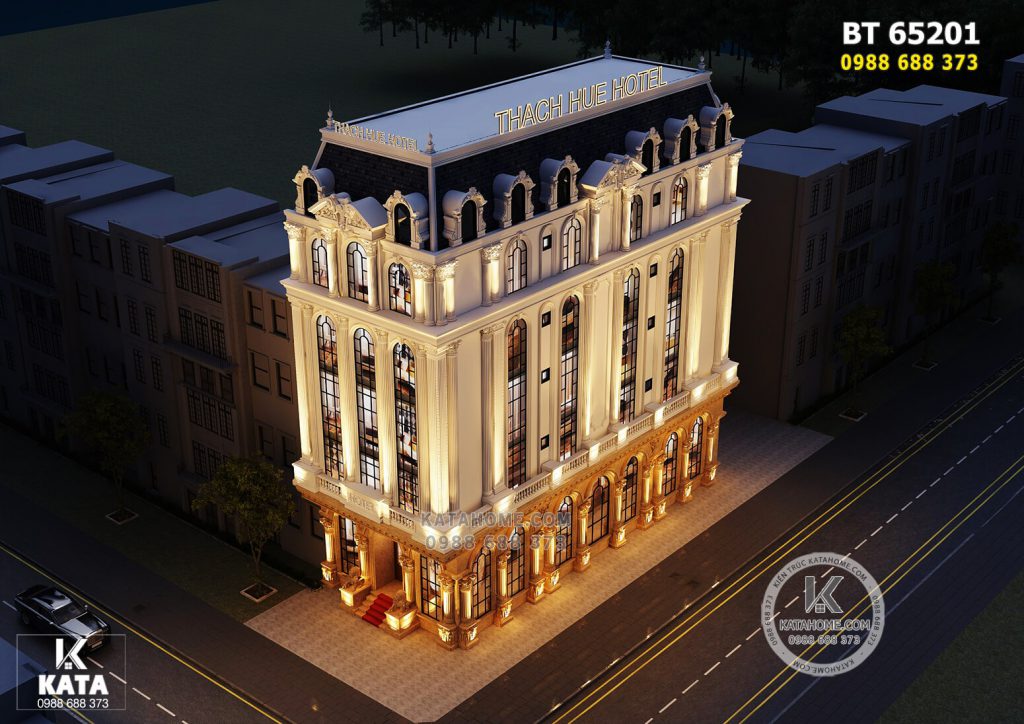 Phối cảnh 3D ngoại thất thiết kế khách sạn 5 tầng tân cổ điển