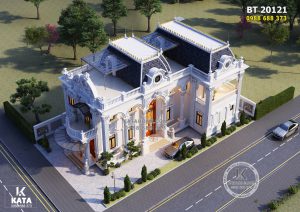 Mẫu biệt thự tân cổ điển chữ L với góc nhìn toàn cảnh từ trên cao xuống