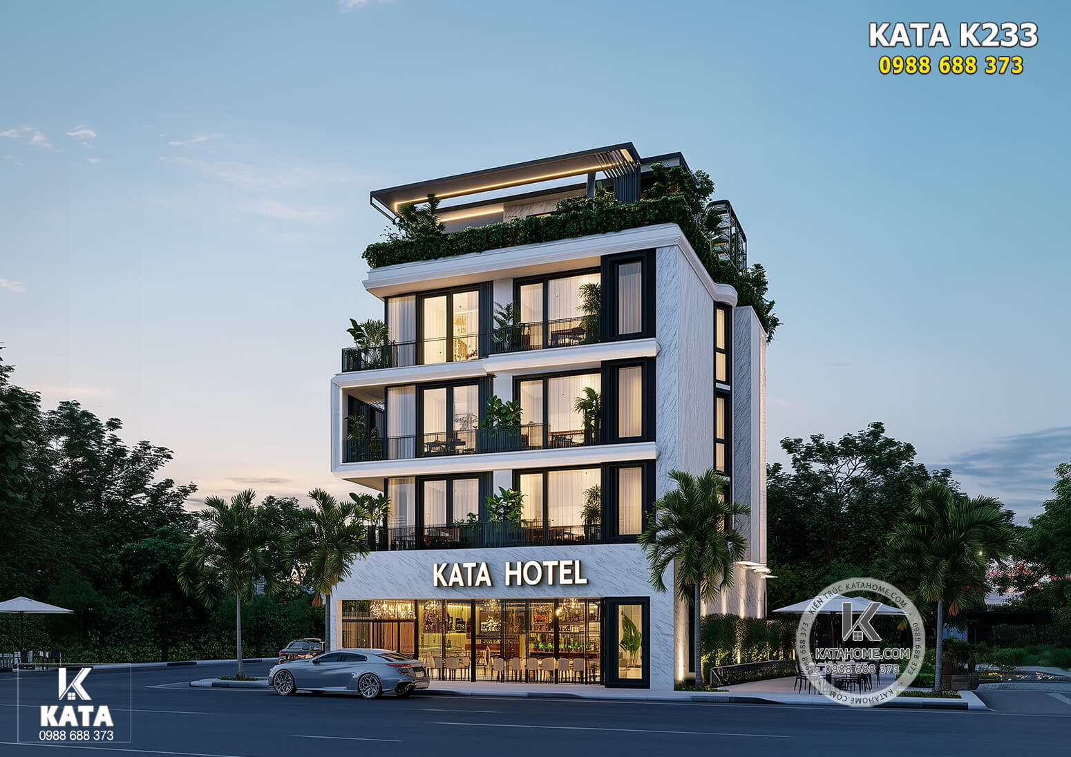 Phối cảnh 3D mặt tiền đẹp, hiện đại và sang trọng của mẫu khách sạn tại Long An