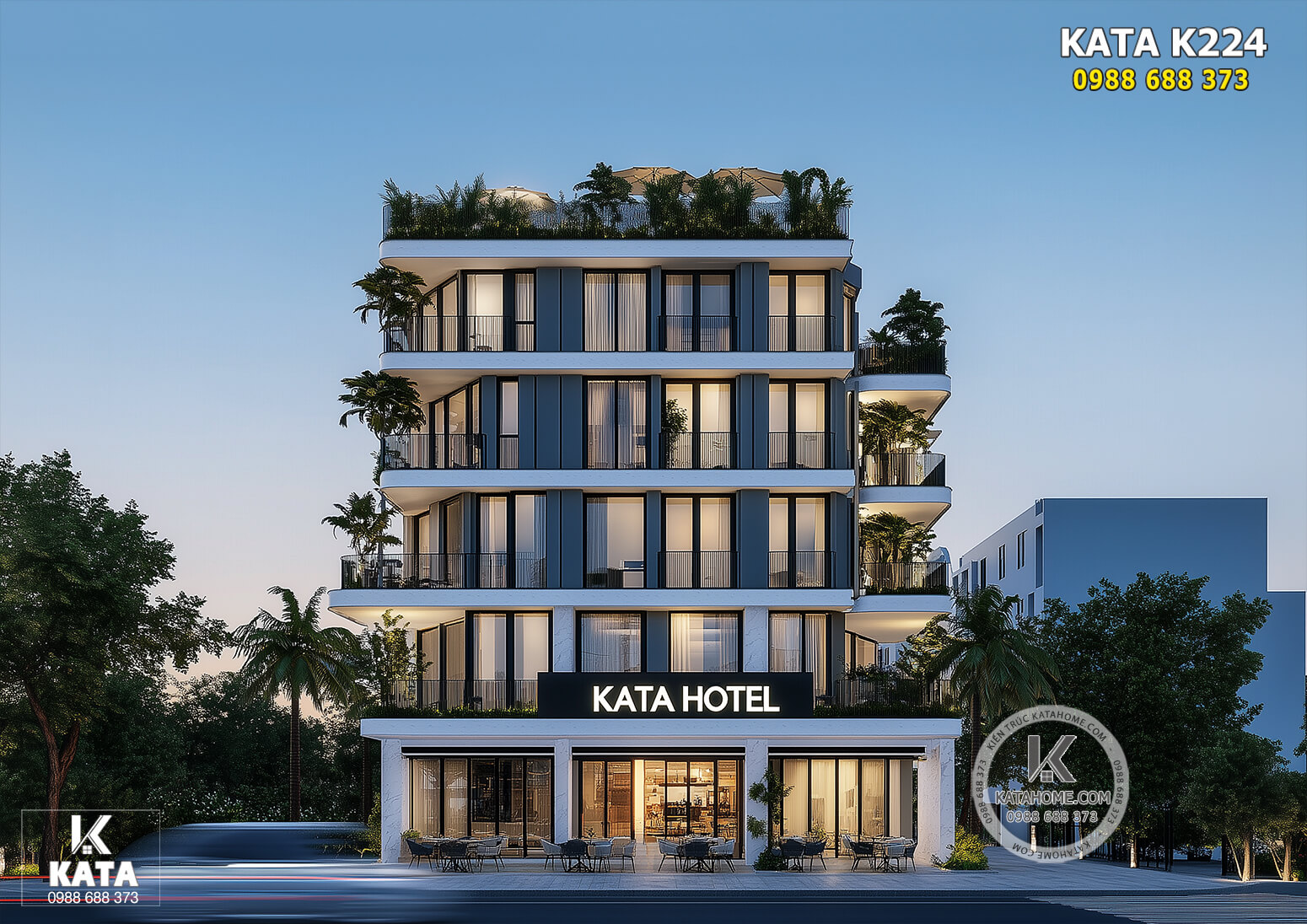 Không gian mặt tiền mẫu thiết kế khách sạn đẹp 3 sao tại Phú Quốc
