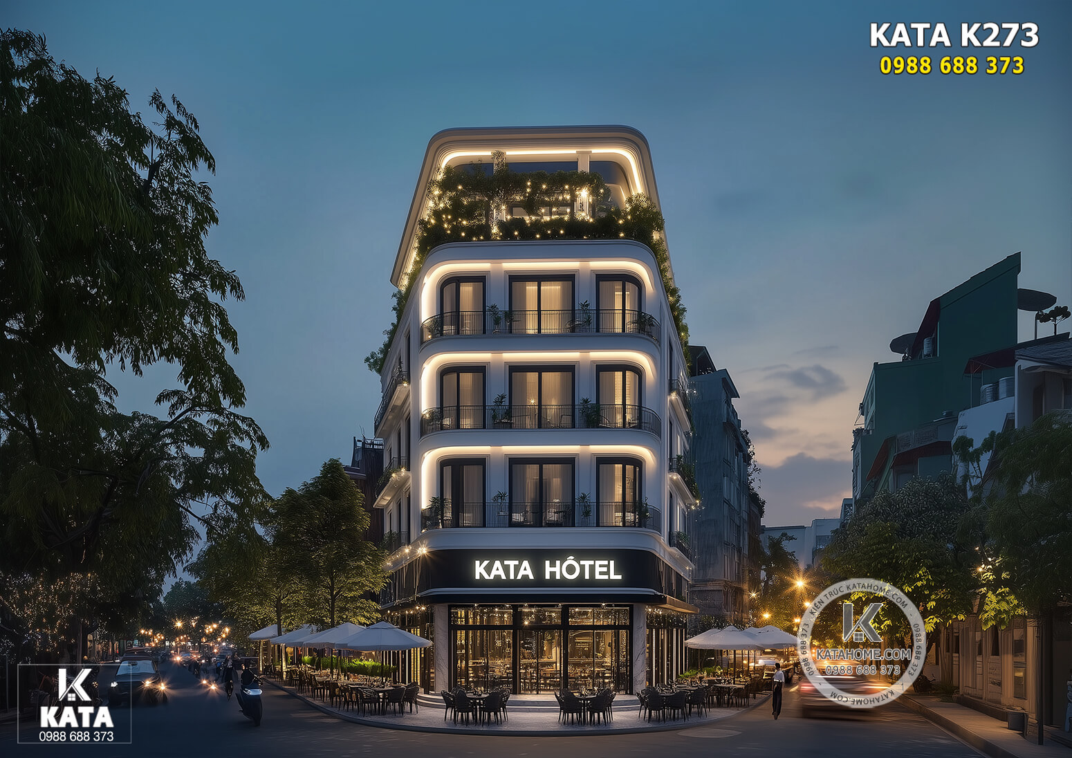 Không gian khách sạn kết hợp cafe khi về đêm