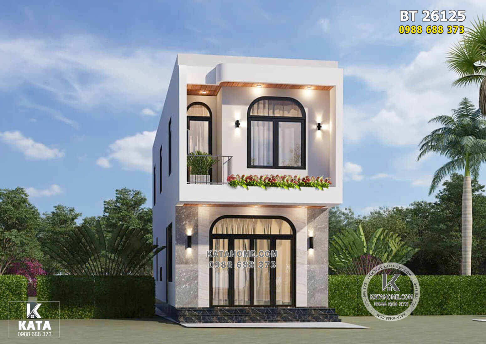 Không gian mặt tiền phối cảnh 3D ngoại thất mẫu nhà 2 tầng đẹp, hiện đại