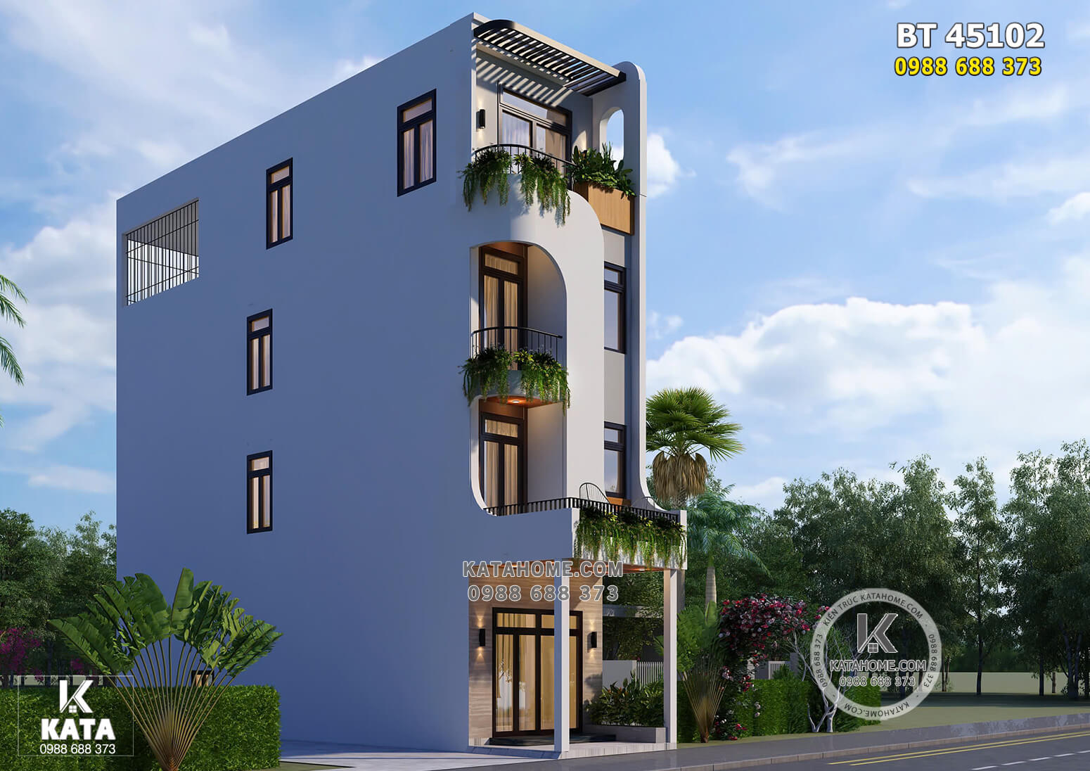 Một góc view không gian ngoại thất mẫu thiết kế nhà ống 4 tầng hiện đại