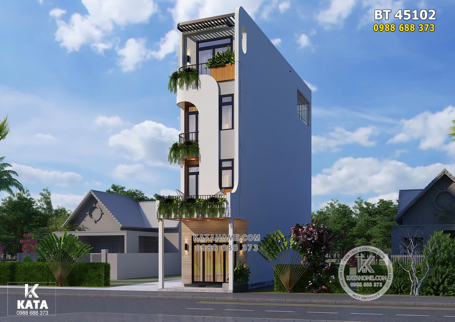 Phối cảnh 3D ngoại thất mẫu nhà ống 4 tầng hiện đại đẹp