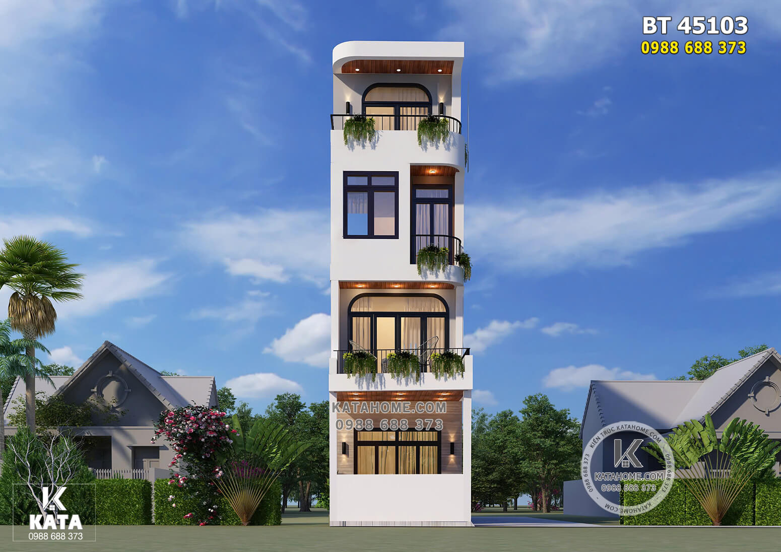 Phối cảnh 3D ngoại thất mẫu thiết kế nhà ống hiện đại 4 tầng đẹp