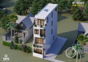 Toàn cảnh mẫu nhà ống 4 tầng hiện đại khi nhìn từ trên cao xuống